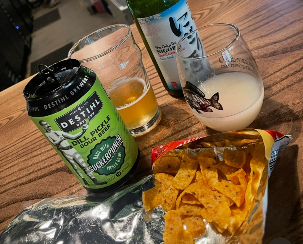 Pickle Beer and Sake Next to An Open Bag of Fritos at Fermental in Wilmington