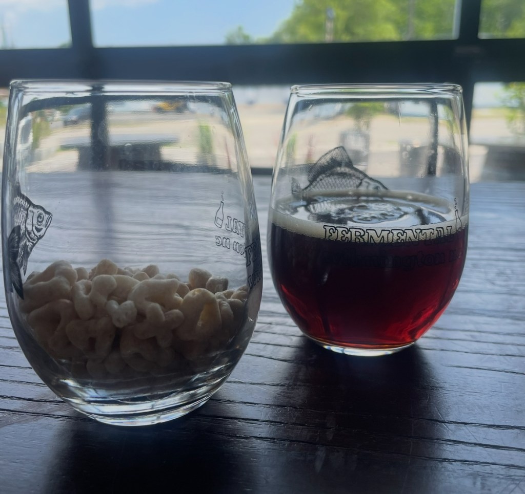 A glass of oats from Lucky Charms Cereal and a glass of sour beer at Fermental in Wilmington