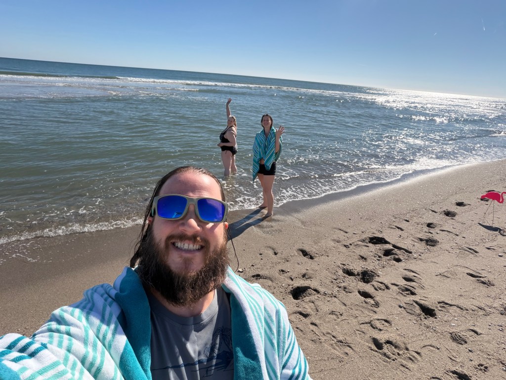 Luke, Naomi, and Sarah at Fort Fisher for their Not So Polar Plunge 2026